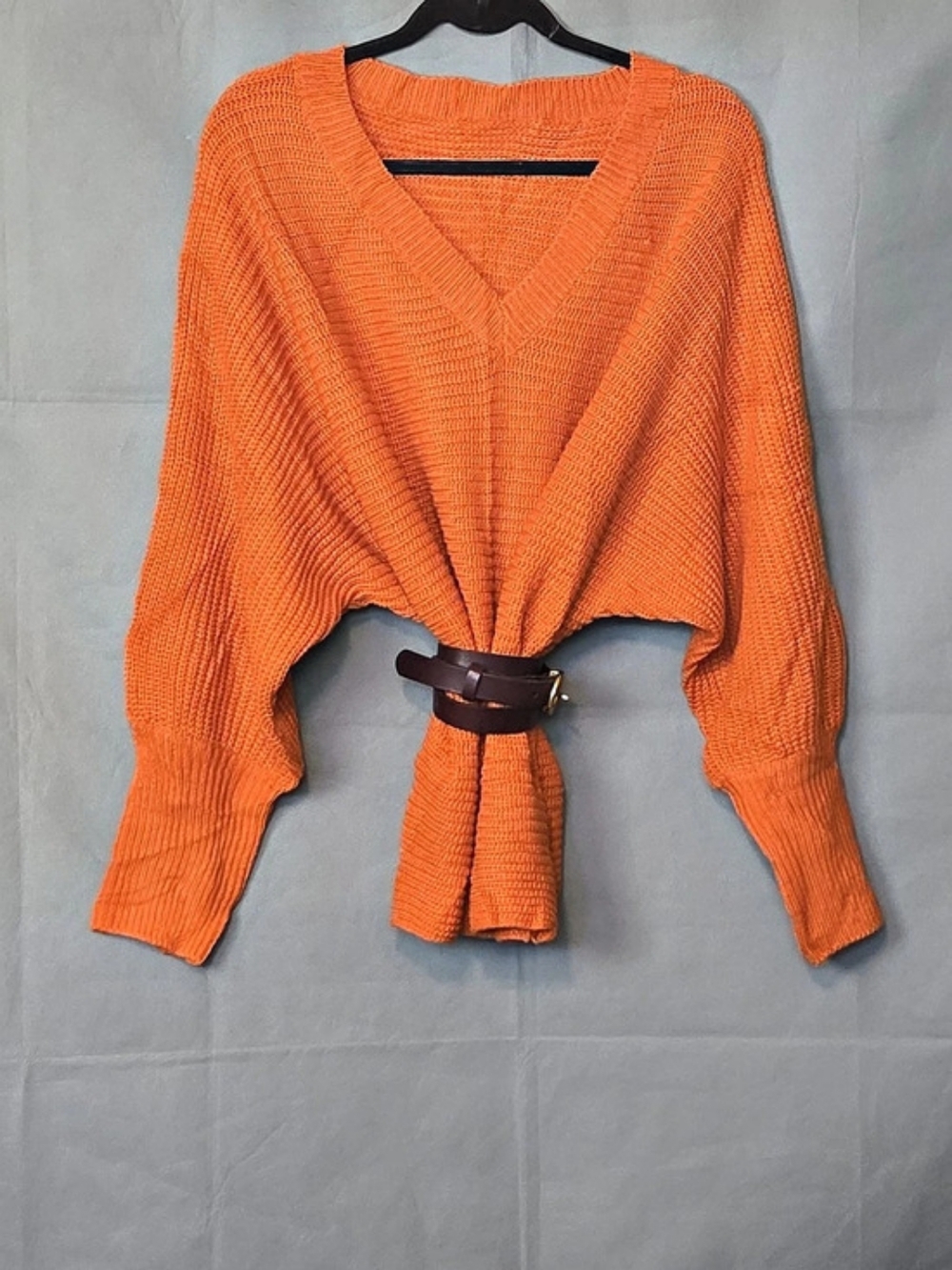 Vintage Orange Bat-wing V-Neck Tie-Front Sweater